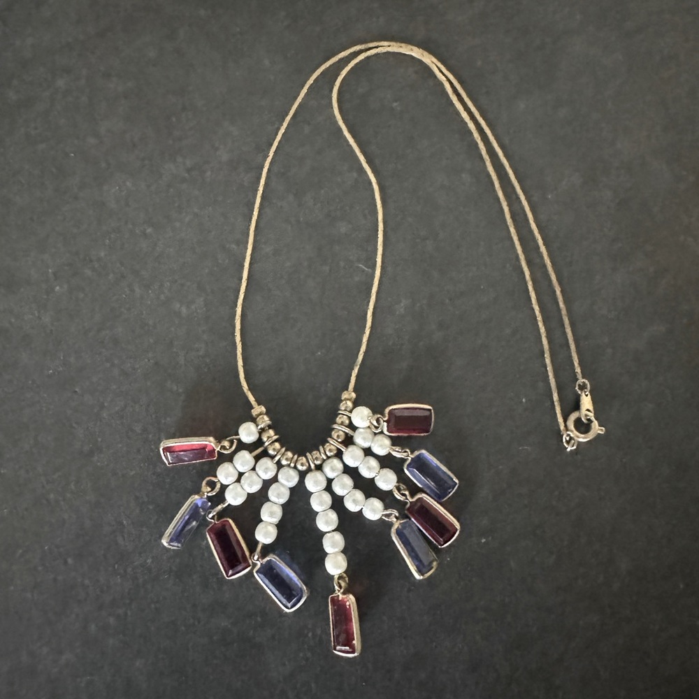 Vintage Red and Blue Stone White Pearl Adjustable Chain Necklace